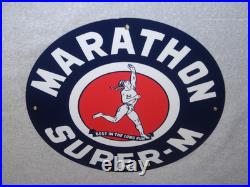 Vintage Marathon Super M Runner 11 3/4 Porcelain Metal Run Gasoline & Oil Sign