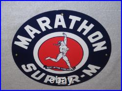 Vintage Marathon Super M Runner 11 3/4 Porcelain Metal Run Gasoline & Oil Sign