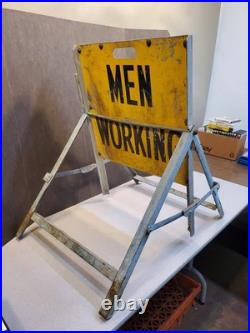 Vintage Men Working Folding Metal Sign, 2 Sided, Heavy Duty, Highway Maintenance