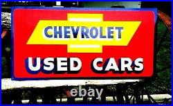 Vintage Metal Chevy CHEVROLET USED CARS Truck Gas Oil 18x36 Hand Painted Sign RD