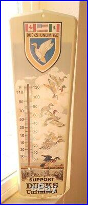 Vintage Metal Ducks Unlimited Thermometer Sign Mint Hunting Graphic 24X8