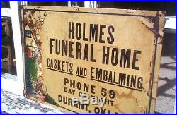 Vintage Metal Holmes Funeral Home Caskets Embalming Sign Durant Oklahoma 20X14