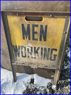 Vintage Metal Men Working Sign W Frame Double Sided