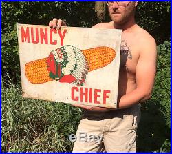 Vintage Metal Muncy Chief Seed Corn Farm Sign 24X18 With Cob & Indian Head Graphic
