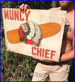 Vintage Metal Muncy Chief Seed Corn Farm Sign 24X18 With Cob & Indian Head Graphic
