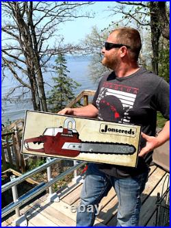 Vintage Metal Rare Jonsereds Chain Saw Outboard Gas Oil Sign Chainsaw 26 by 10