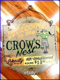 Vintage Metal Sign Welcome To The Crows Nest Motel Sign W Scarecrow 1930s-40's