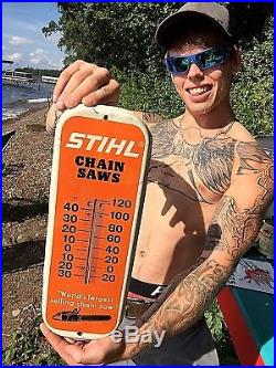 Vintage Metal Stihl Chain Saw Outboard Thermometer Sign 16 by 6 With Graphic