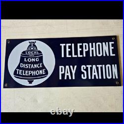Vintage Metal Telephone Pay Station Sign Local & Long Distance, Black/White
