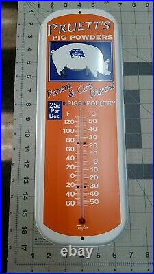 Vintage Metal Thermometer Pruett's Pig Powders Advertising Sign Works 16 x 6