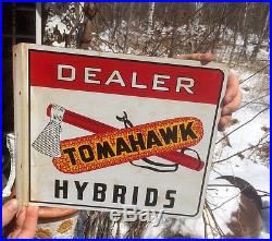 Vintage Metal Tomahawk Seed Corn Farm Flange Sign 11X10 With Cob & Hatchet graphic