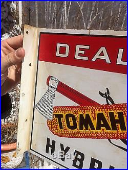 Vintage Metal Tomahawk Seed Corn Farm Flange Sign 11X10 With Cob & Hatchet graphic