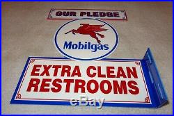 Vintage Mobil Mobilgas Pegasus Clean Restrooms 11 3/4 Metal Gas Oil Flange Sign