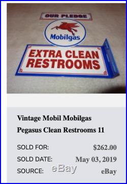 Vintage Mobil Mobilgas Pegasus Clean Restrooms 11 3/4 Metal Gas Oil Flange Sign