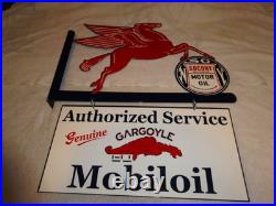 Vintage Mobil Pegasus Socony & Gargoyle Porcelain Metal Gasoline Oil Flange Sign