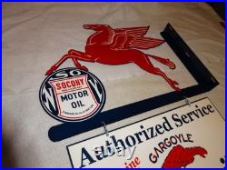 Vintage Mobil Pegasus Socony & Gargoyle Porcelain Metal Gasoline Oil Flange Sign