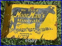 Vintage MoorMans Minerals Porcelain Metal Flange Sign Gas Farm Animal Cow Feed