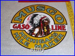 Vintage Musgo Michigan's Mile Marker Gasoline 11 3/4 Porcelain Metal Oil Sign