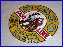 Vintage Musgo Michigan's Mile Marker Gasoline 11 3/4 Porcelain Metal Oil Sign