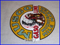 Vintage Musgo Michigan's Mile Marker Gasoline 11 3/4 Porcelain Metal Oil Sign