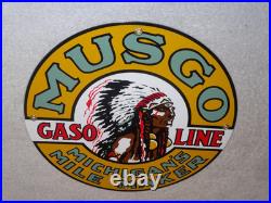 Vintage Musgo Michigan's Mile Marker Gasoline 11 3/4 Porcelain Metal Oil Sign