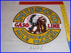 Vintage Musgo Michigan's Mile Marker Gasoline 11 3/4 Porcelain Metal Oil Sign