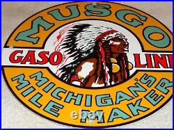 Vintage Musgo Michigan's Mile Marker Indian 11 3/4 Porcelain Metal Gas Oil Sign