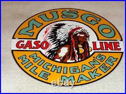 Vintage Musgo Michigan's Mile Marker Indian 11 3/4 Porcelain Metal Gas Oil Sign