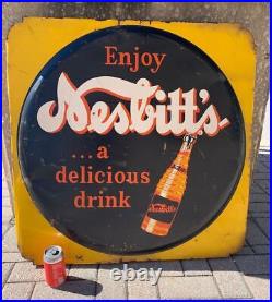 Vintage Nesbitts Orange Soda Fountain Pop Metal Tin Sign Bottle 32 square large