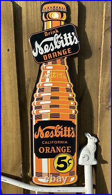 Vintage Nesbitts Orange Soda Pop Embossed Metal Sign Porcelain USA Oil Gas Drink