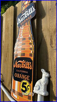 Vintage Nesbitts Orange Soda Pop Embossed Metal Sign Porcelain USA Oil Gas Drink