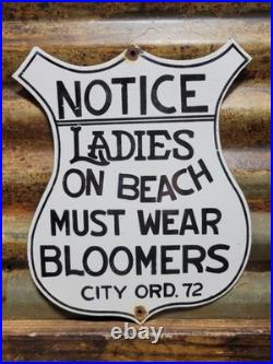 Vintage Nude Beach Porcelain Sign Old Notice Ladies Must Wear Bloomers Shield