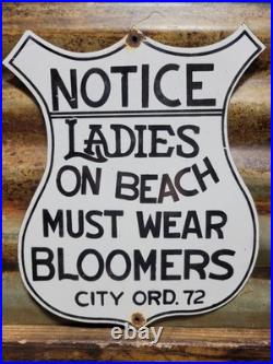 Vintage Nude Beach Porcelain Sign Old Notice Ladies Must Wear Bloomers Shield