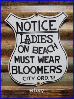 Vintage Nude Beach Porcelain Sign Old Notice Ladies Must Wear Bloomers Shield
