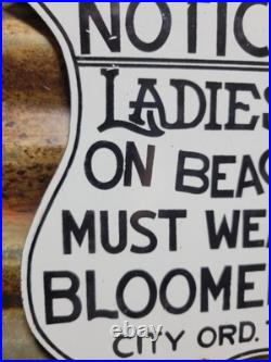 Vintage Nude Beach Porcelain Sign Old Notice Ladies Must Wear Bloomers Shield