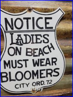Vintage Nude Beach Porcelain Sign Old Notice Ladies Must Wear Bloomers Shield