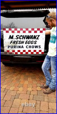 Vintage OLD Purina Chow metal Farm cattle chick Feed Sign 34x23.5 in. Fresh Eggs