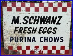 Vintage OLD Purina Chow metal Farm cattle chick Feed Sign 34x23.5 in. Fresh Eggs