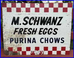 Vintage OLD Purina Chow metal Farm cattle chick Feed Sign 34x23.5 in. Fresh Eggs