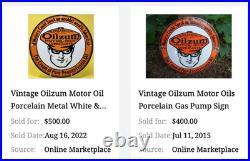 Vintage Oilzum Motor Oils Lubricants White & Bagley Co. Porcelain Metal Gas Sign