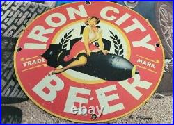 Vintage Old Iron City Beer Bar Restaurant Heavy Porcelain Metal Gas Station Sign