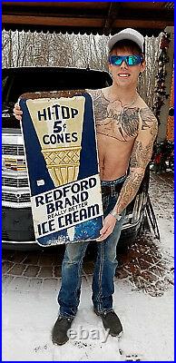 Vintage Old Original Redford Ice Cream Metal Sign With Hi Top Cone Graphic 30X14