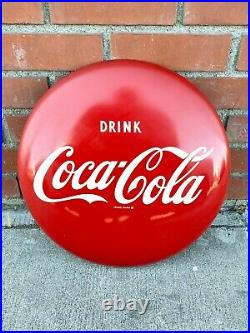 Vintage Original 16 inch Drink Coca-Cola Painted Metal Button Sign