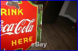 Vintage Original 1939 Coca Cola Soda Pop 2 Sided Porcelain Metal Flange Sign