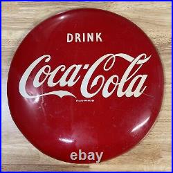 Vintage Original 1950 COCA COLA Coke Soda Metal Button Sign 16 Dia A-M 10-50