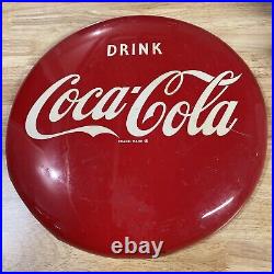 Vintage Original 1950 COCA COLA Coke Soda Metal Button Sign 16 Dia A-M 10-50
