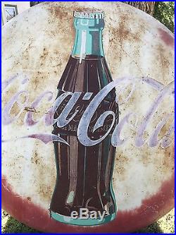 Vintage Original 1950s Art Deco Coca Cola Button Advertising Sign 48 inch metal