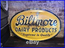 Vintage Original 1959 Biltmore Dairy Products Metal Convex Sign 36x24 Rare