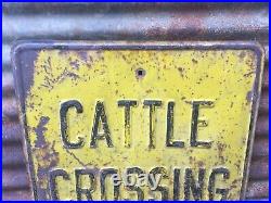 Vintage Original CATTLE CROSSING Sign Antique Embossed Farm Metal Sign 24 Old