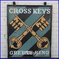 Vintage Original Metal Pub Sign Greene King Cross Keys c. 1950s
